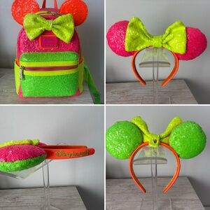 Disney Loungefly Neon Sequin Mini Backpack & Minnie Ears Headband Set